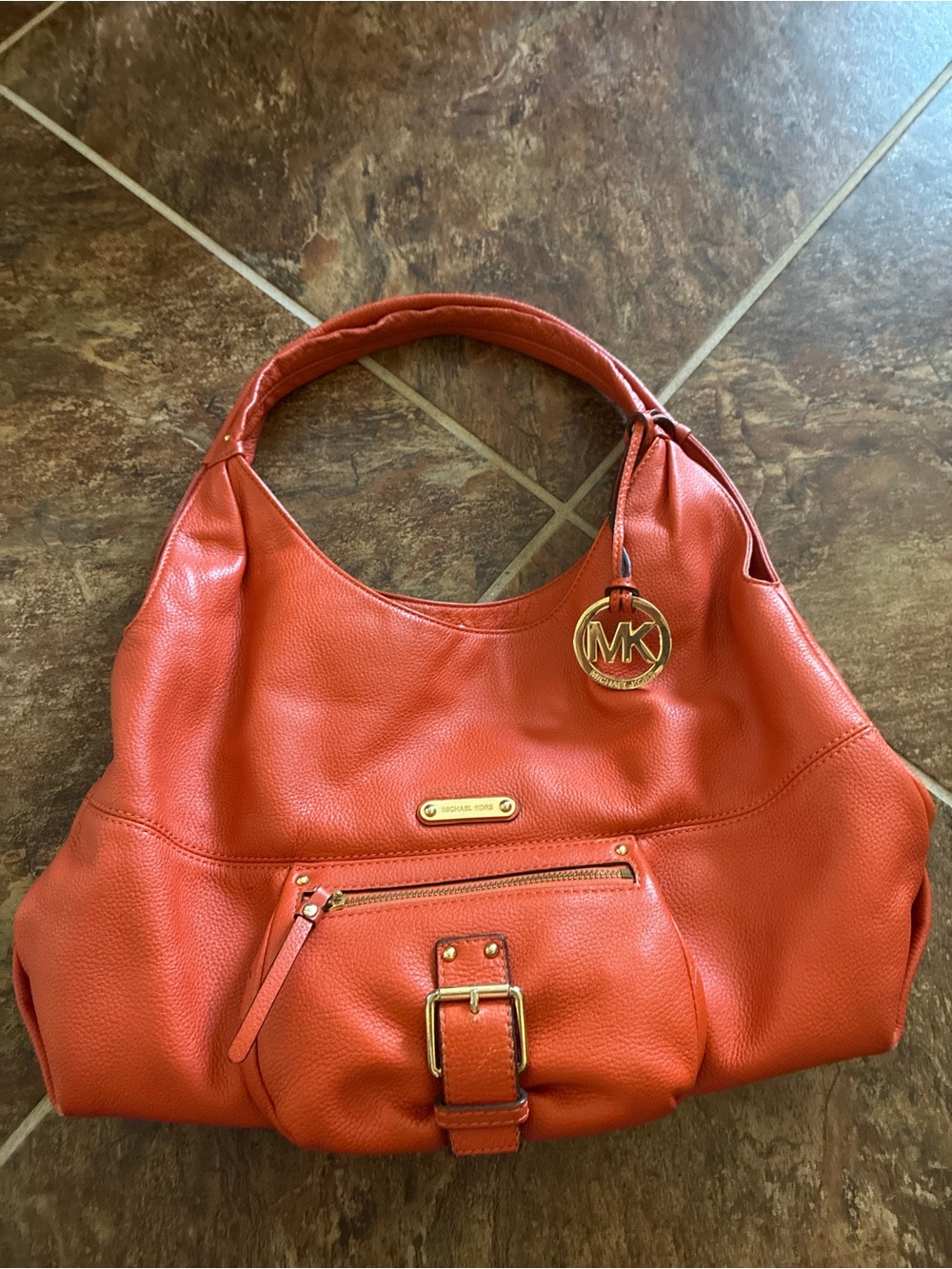 Michael Kors Orange Pebbled Leather Hobo Shoulder Bag Gold Hardware
